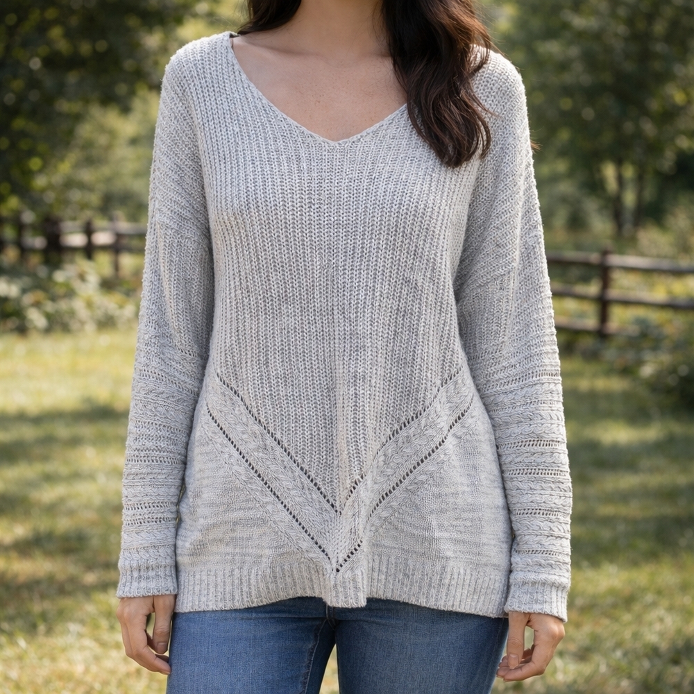 Left on Houston Anthropologie Boho Knit Sweater V-Neck Cotton Feel Neutral Top